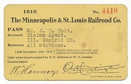 1916 Minneapolis and St. Louis Railroad annual pass  