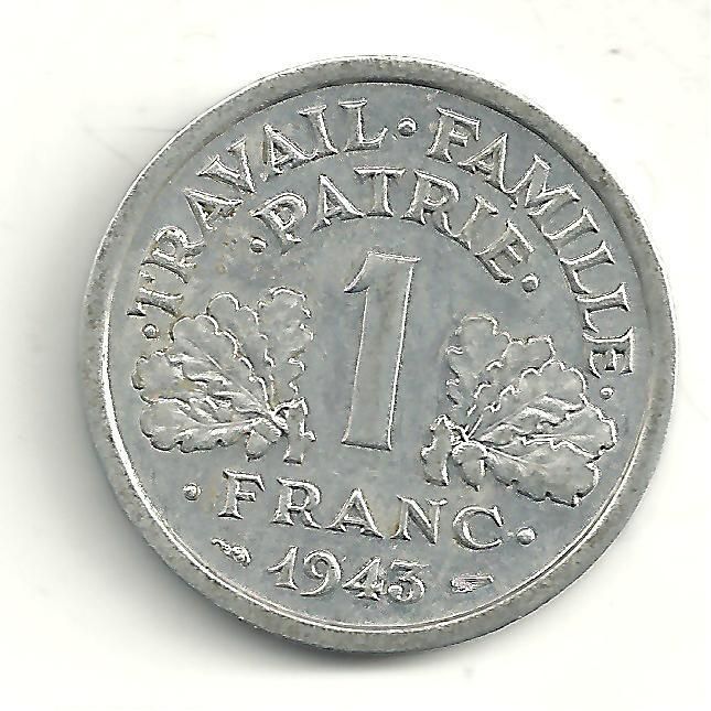 SHARP DETAILED HIGH END XF/AU 1943 OCCUPIED FRANCE 1 FRANC COIN F815 