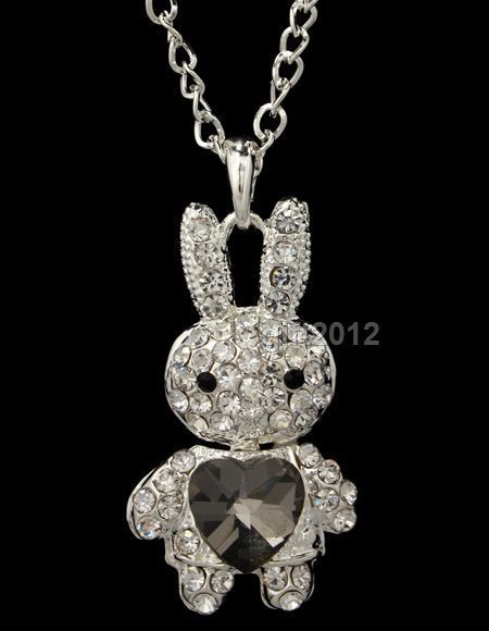 Dazzling swarovski crystals rabbit heart pendant alloy long necklace 