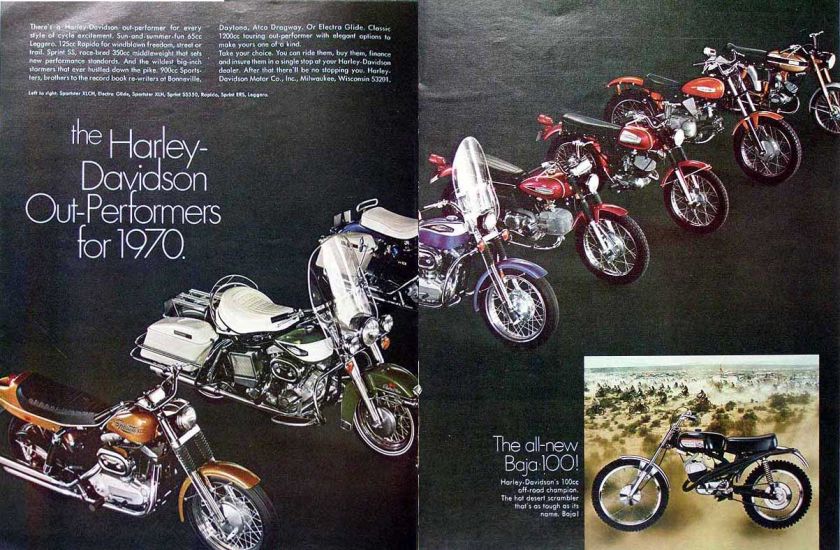   vintage print advertising for 1970 Harley Davidson motorcycle models