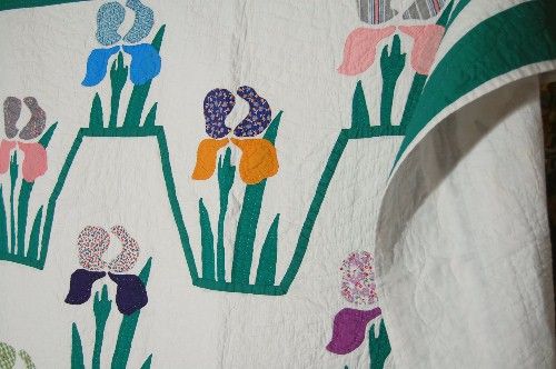   PAIR of Hand Stitched 40s Iris Applique Antique Quilts  