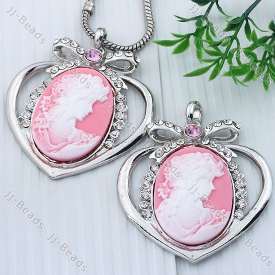   Bowknot Heart Pink Cameo Beauty Girl Portrait Pendant Fit Necklace