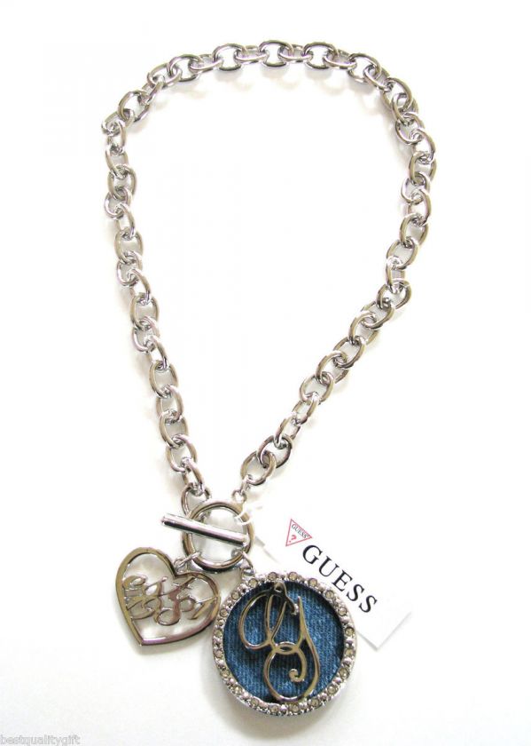GUESS SILVER TONE NECKLACE BLUE DENIM LOGO and HEART CHARM+RHINESTONE 