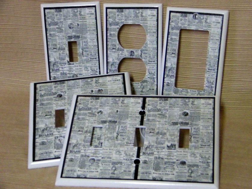   & White Newspaper Print Light Switch Cover Plate Outlet Double GFI