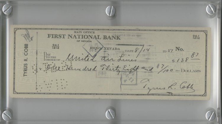 Ty Cobb 1951 Signed autograph Check Signed in Black Ink Detroit Tigers 